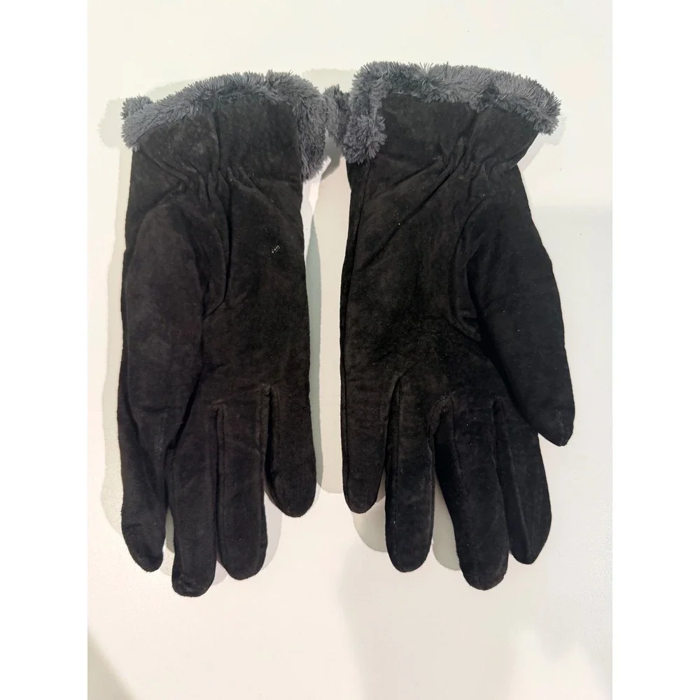 Womens Black Genuine Suede Leather Gloves Faux Fur Trim Winter Large 883J3